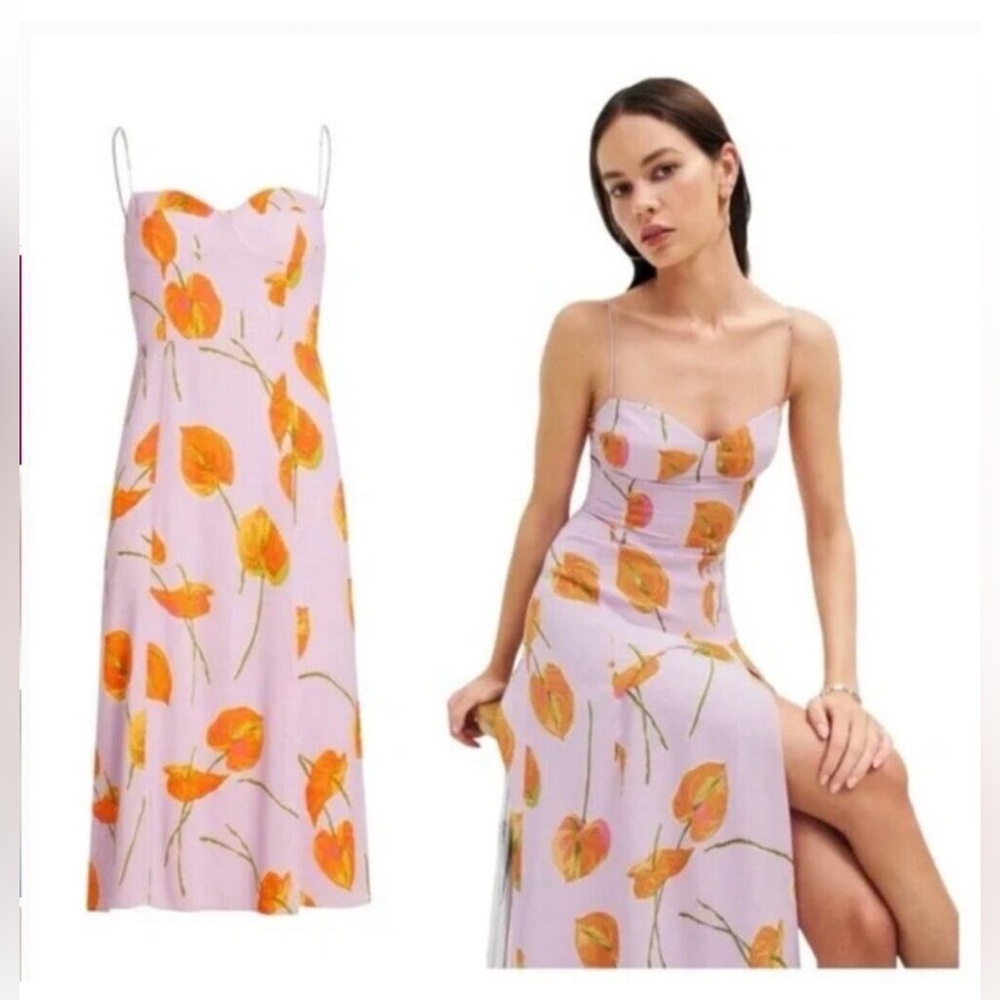 Reformation Lavender Slip Maxi Dress with Orange Floral Print